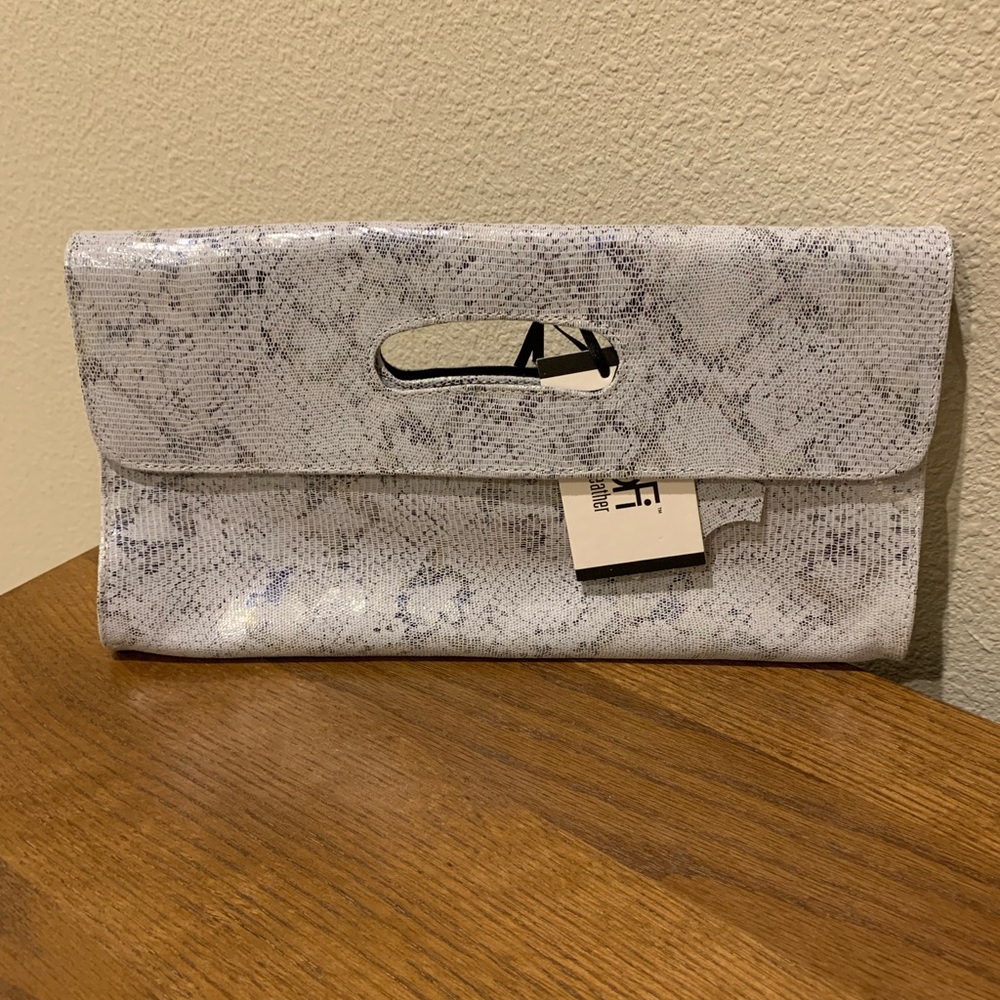 CoFi Leather Deeva Clutch: White Blue Metallic